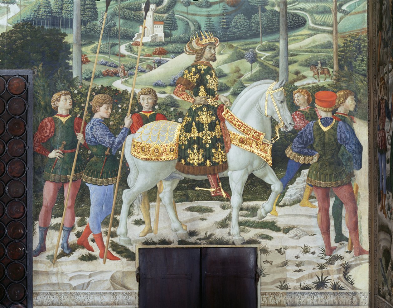 VII. János paleológus (1391-1448), kelet-római császár, mint Balthasar, a Háromkirályok egyike, részlet a kápolnában lévő Bölcsek utazása ciklusból, 1460 körül (freskó). alkotó: Benozzo di Lese di Sandro Gozzoli