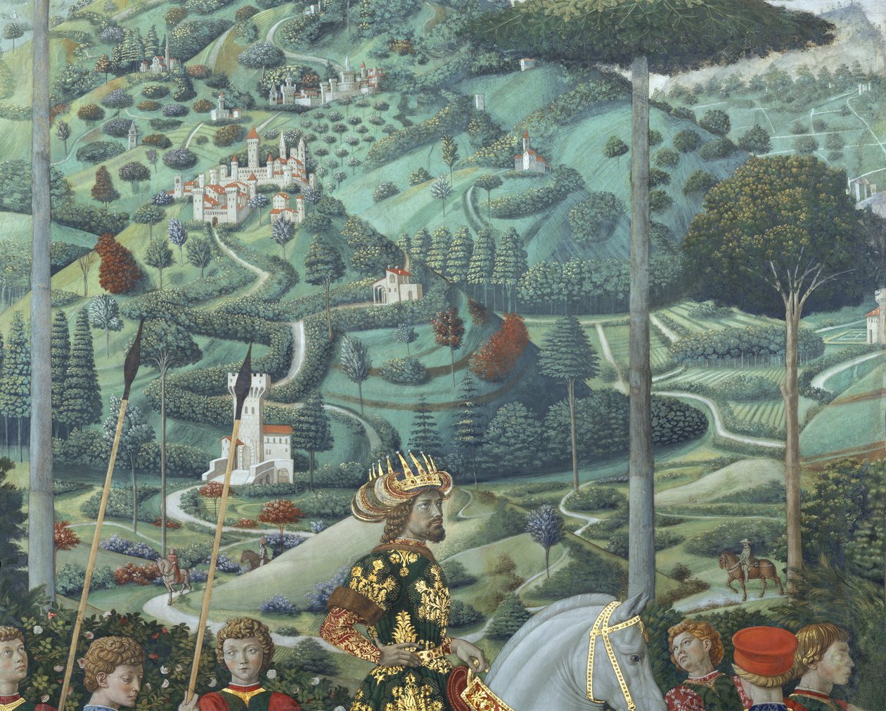 VII. János paleológus (1391-1448), kelet-római császár, mint Balthasar, a Háromkirályok egyike, részlet a kápolnában lévő Bölcsek utazása ciklusból, 1460 körül (freskó). alkotó: Benozzo di Lese di Sandro Gozzoli