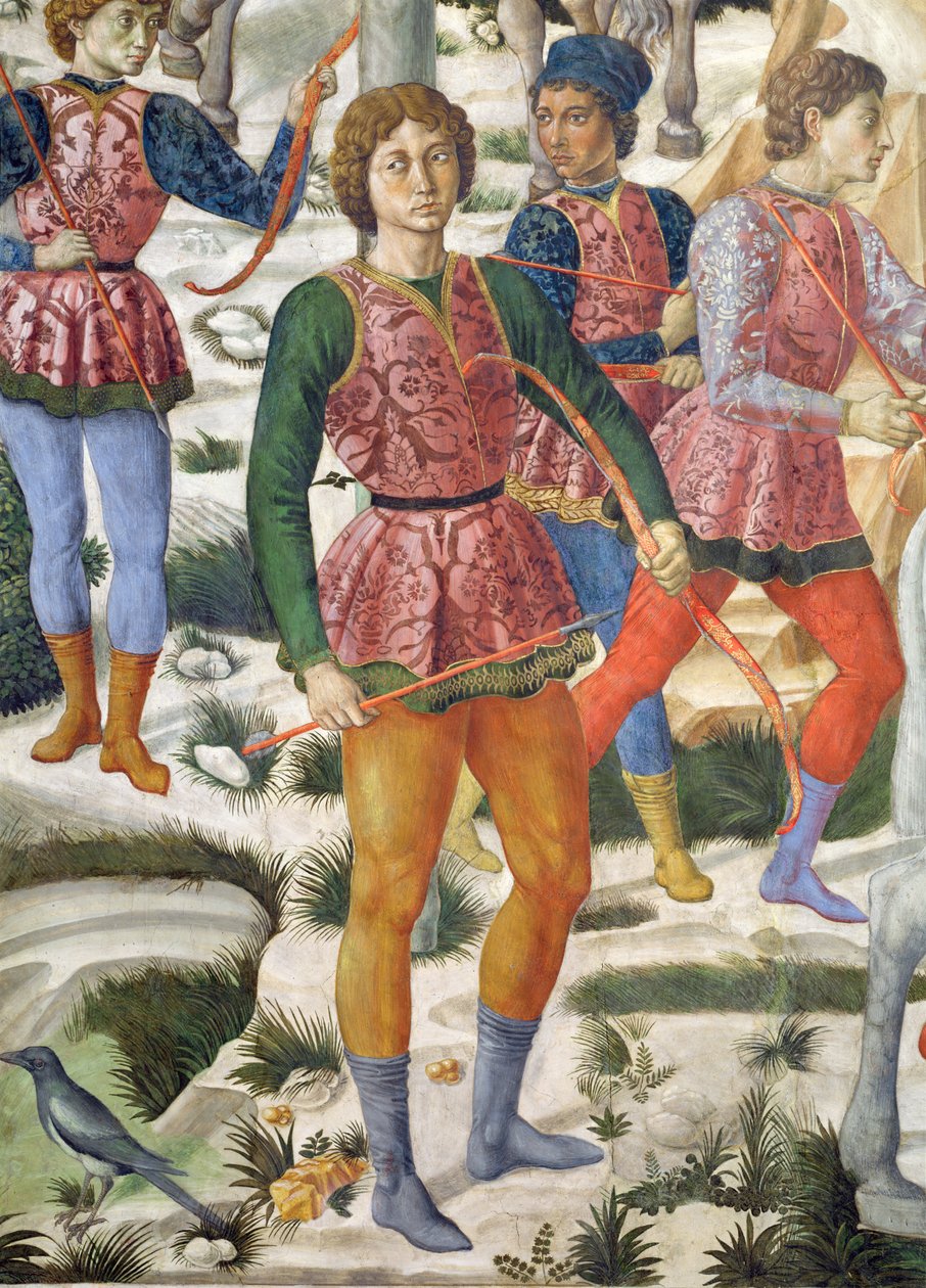 Mézes íjászok, részlet a Mágusok utazása ciklusból a kápolnában, 1460 körüli freskórészlet a 70630-ból alkotó: Benozzo di Lese di Sandro Gozzoli