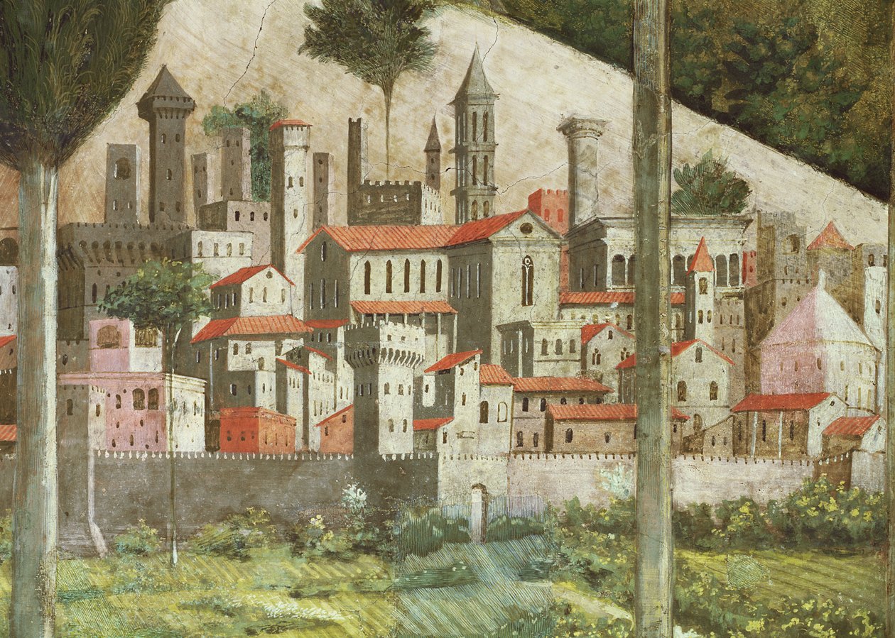 Középkori város, részlet a Mágusok utazása ciklusból a kápolnában, 1460 körüli freskórészlet a 70610-ből alkotó: Benozzo di Lese di Sandro Gozzoli