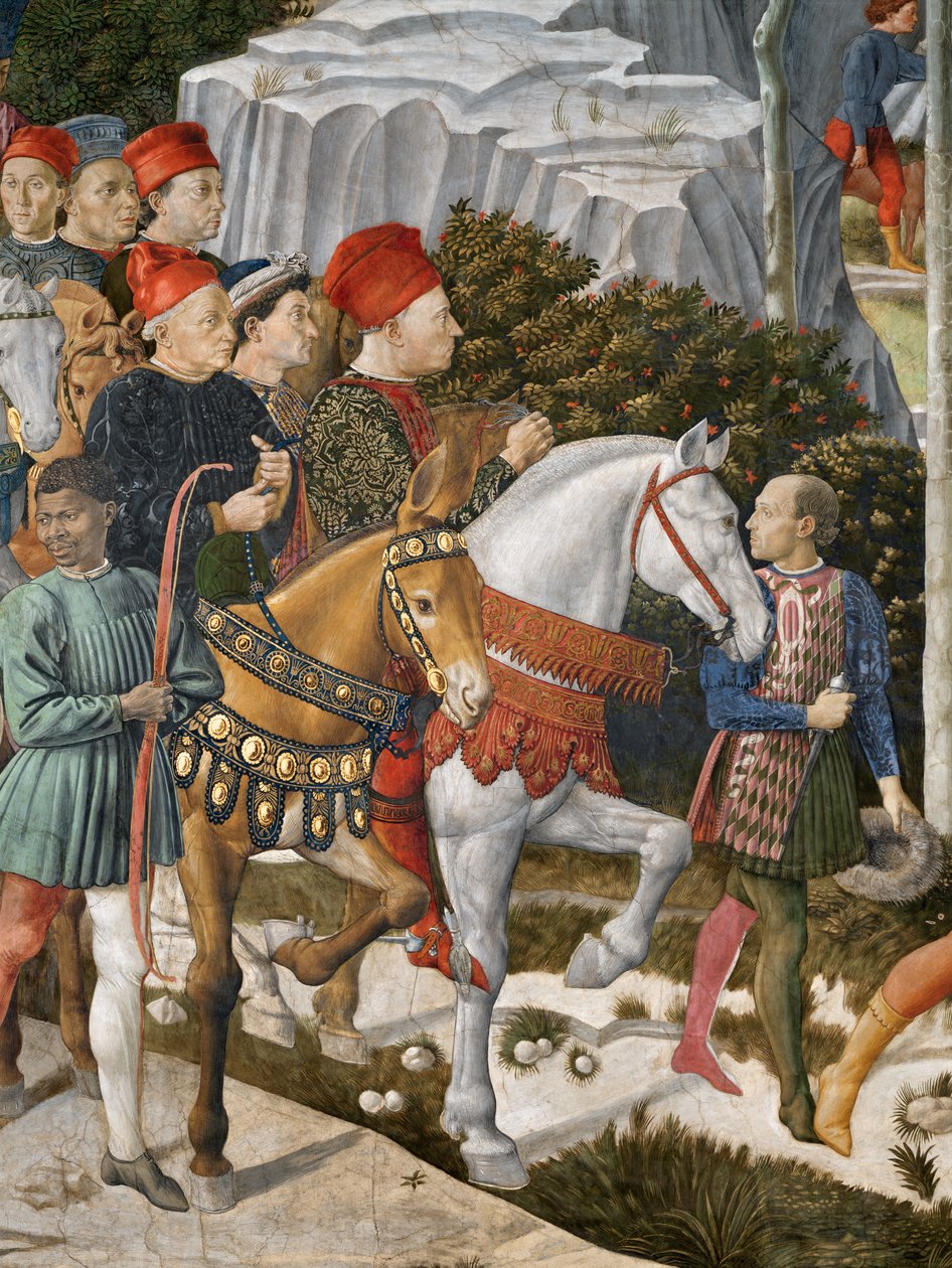 Piero deMedici portréi öszvéren, Cosimo de Medici központja és Salviati herceg lóháton, részlet a Mágusok utazása ciklusból a kápolnában, 1460 körüli freskórészlet a 70619-ből alkotó: Benozzo di Lese di Sandro Gozzoli