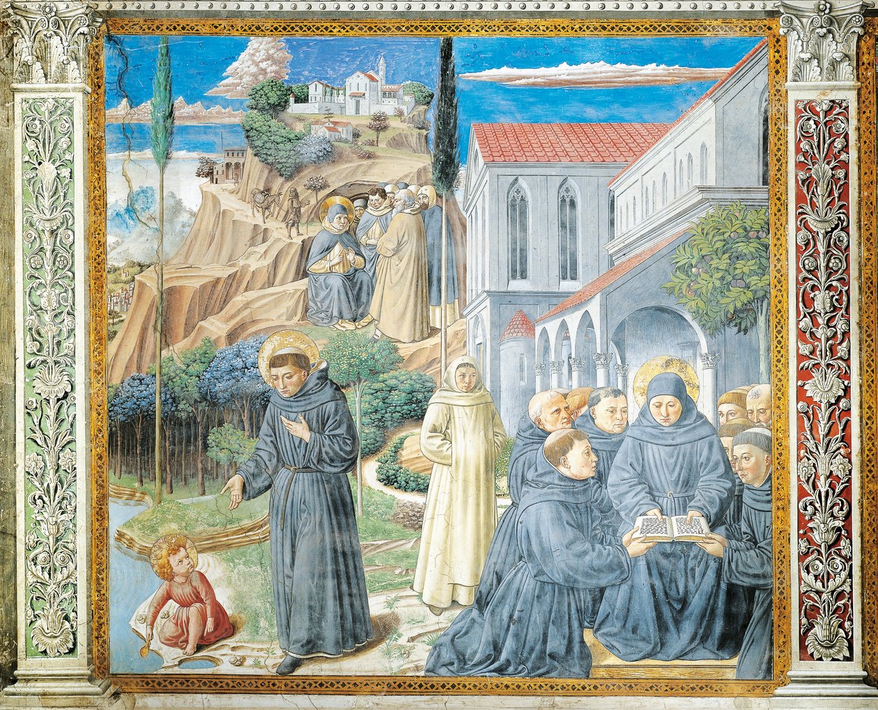 Szent Ágoston uralmat ad a szerzeteseknek, és beszél a gyermek Jézussal a Szentháromságról, részlet a Szent Ágoston történeteiből alkotó: Benozzo di Lese di Sandro Gozzoli