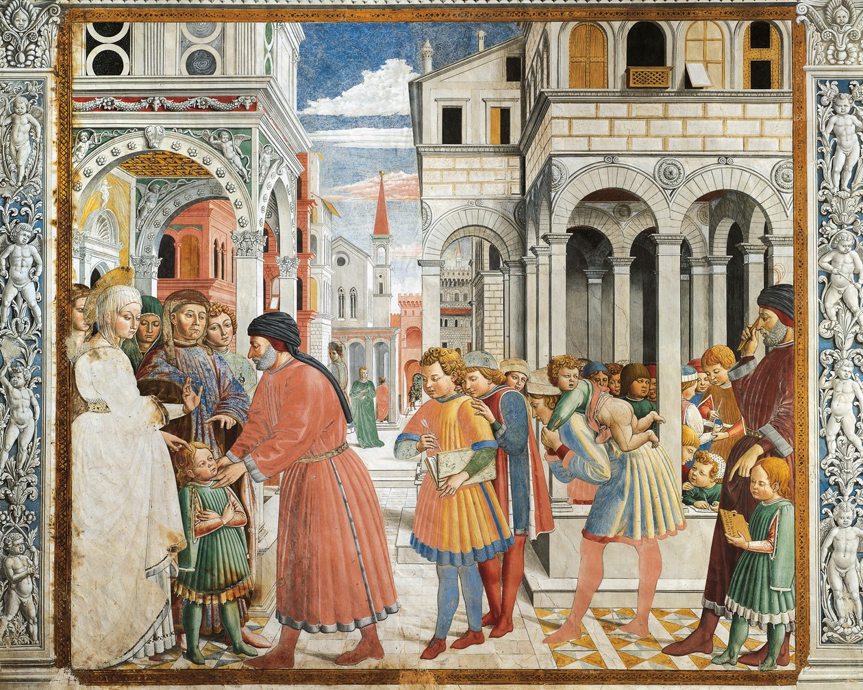 Szent Ágoston, akit szülei a tagaste-i nyelvtanárhoz visznek, Benozzo Gozzoli (1420-1497), freskó, Szent Ágoston-templom, San Gimignano (UNESCO Világörökségi lista). alkotó: Benozzo di Lese di Sandro Gozzoli