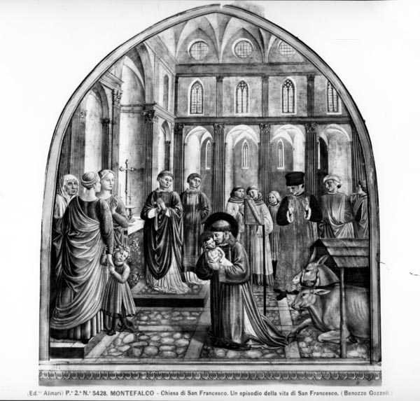 Szent Ferenc, aki a Bambinót ringatta Greccióban (freskó) (f/w fotó) alkotó: Benozzo di Lese di Sandro Gozzoli