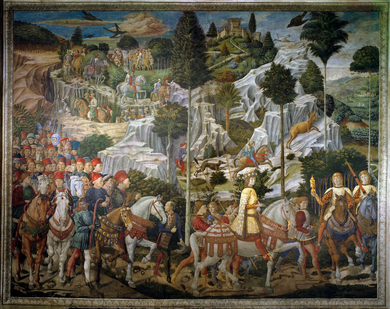 A mágusok utazása. A jeruzsálemi mágusok csapata Betlehemben „A mágusok utazása” vagy olaszul „a mágusok kavalkádja”. Táj részlet. Sandro dit Benozzo Gozzoli (1421-1414) freskója a Benozzo di Lese-i mágusok kápolnája keleti faláról alkotó: Benozzo di Lese di Sandro Gozzoli