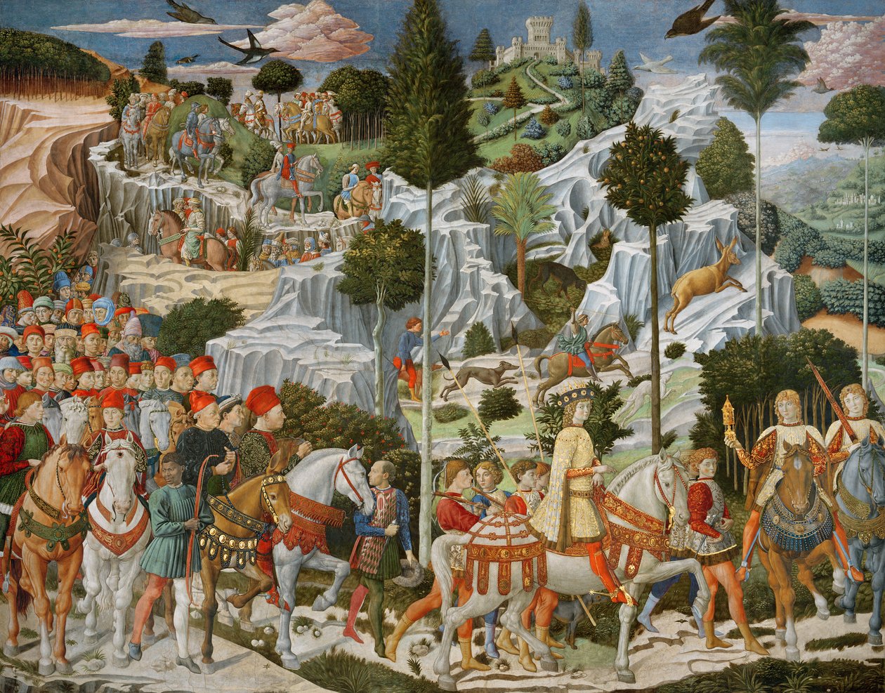A bölcsek útja Betlehembe, a kápolna jobb oldali fala, 1460 körül. alkotó: Benozzo di Lese di Sandro Gozzoli