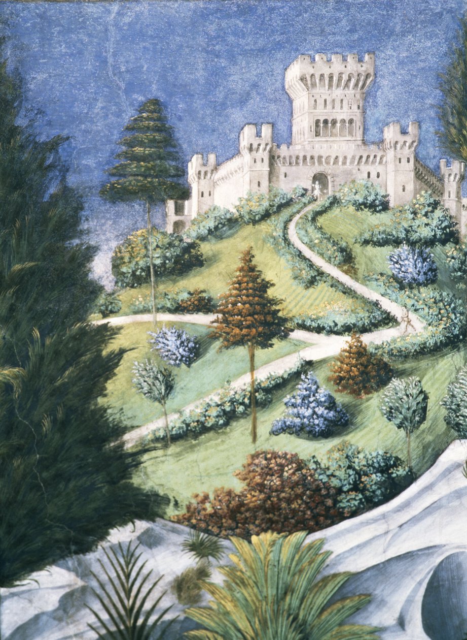 A várhoz vezető ösvény a Mágusok utazásából, 1459-es freskórészlet a 636-ból alkotó: Benozzo di Lese di Sandro Gozzoli