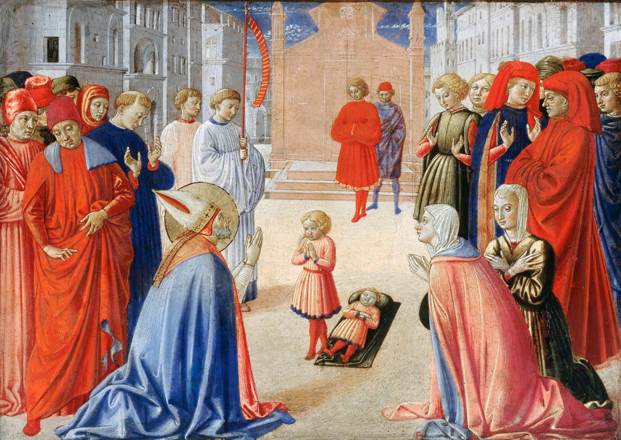 Zenobe de Florence (Saint Zenobe, San Zanobi ou Zenobio) (337-417) - Szent Zenobius feltámaszt egy fiút a halálból - Peinture de Gozzoli, Benozzo (kb. 1420-1497) alkotó: Benozzo di Lese di Sandro Gozzoli