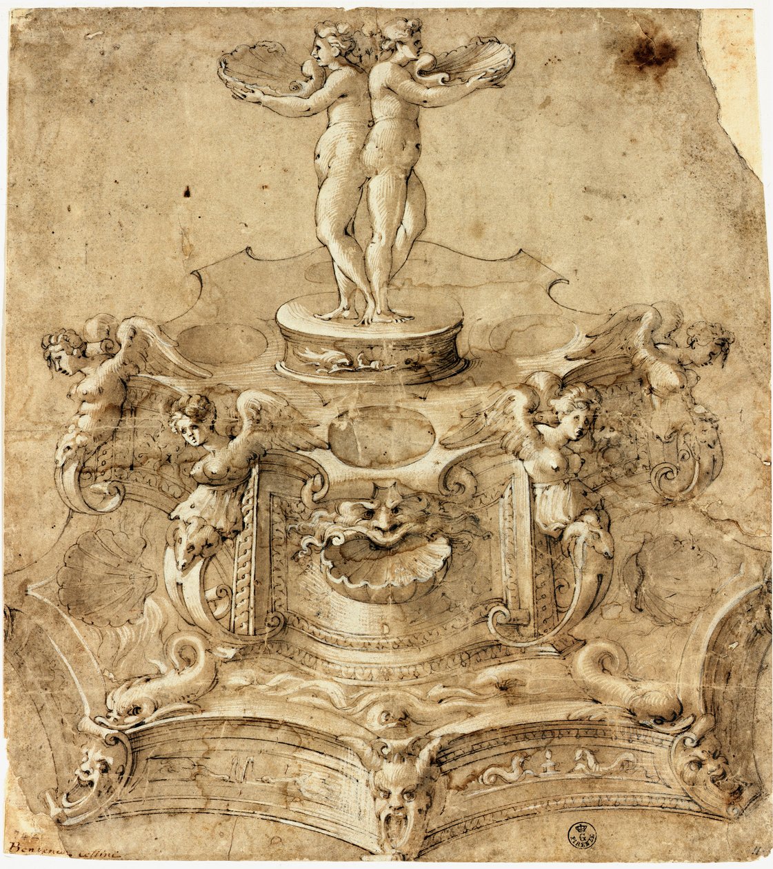 Hatszögletű sósó. Benvenuto Cellini (1500-1571) rajza, Firenze, Uffizi Múzeum, Nyomtatványok és Rajzok Osztálya alkotó: Benvenuto Cellini