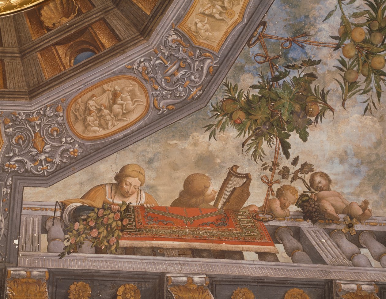 Dáma, zenész és amor az erkélyen, részlet a mennyezeti freskóról, Garofalo (1481-1559), Kincstár, Ludovico il Moro palota vagy Costabili palota, Ferrara, Olaszország alkotó: Benvenuto Tisi da Garofalo
