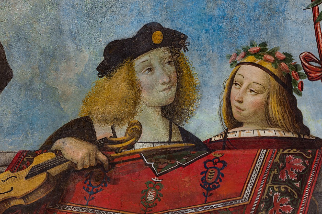Hangszert tartó úriember és egy úri nő, részlet, a Kincses Csarnok boltozata (freskó) (3707463 részlet) alkotó: Benvenuto Tisi da Garofalo
