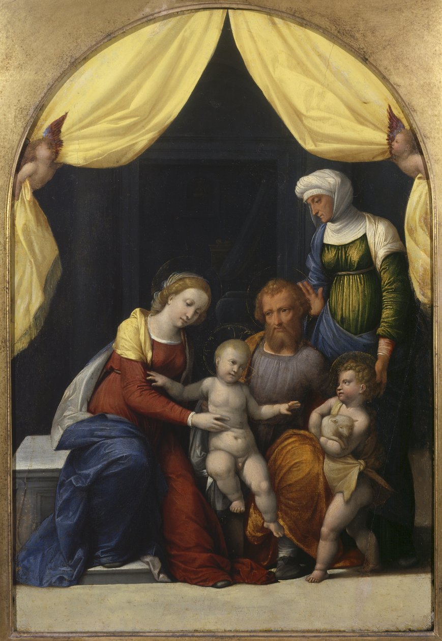 Szent Család a csecsemő Szent Jánossal és Szent Erzsébettel, 1520 körül alkotó: Benvenuto Tisi da Garofalo
