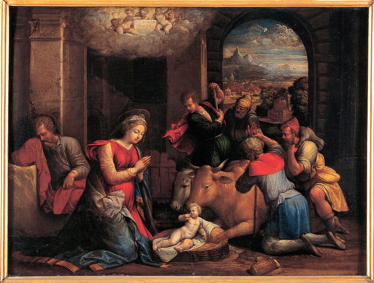 A Pásztorok imádása - Benvenuto Tisi da Garofalo (Il Garolafo) (1481-1559) festménye, olaj, fa, 41,5x55 cm alkotó: Benvenuto Tisi da Garofalo
