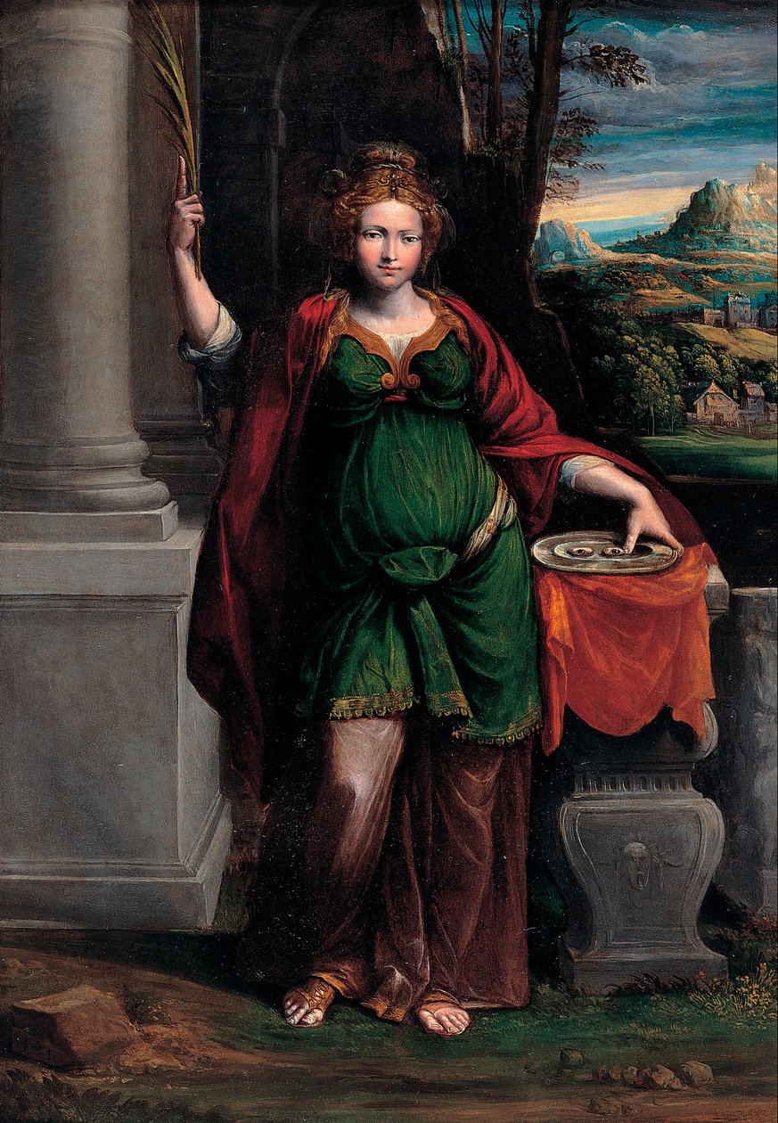(Syracuse) Szent Lucia (IV. század eleje) kétszemű tálcával (Szent Lucy) - Benvenuto Tisi da Garofalo (Il Garolafo) festménye (1481-1559), olaj, fa, 63x44 cm alkotó: Benvenuto Tisi da Garofalo