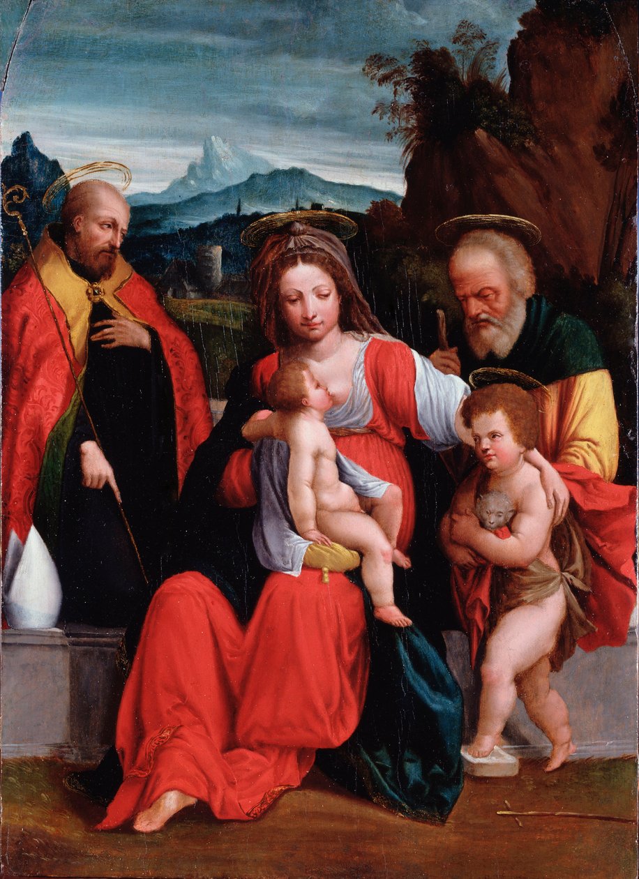 A szent család Keresztelő Szent Jánossal gyermekkorában és püspökkel Garofalo (Benvenuto Tisi) festménye (1481-1559) Genes, Musei di Strada Nuova (ex Palazzo Rosso) alkotó: Benvenuto Tisi da Garofalo