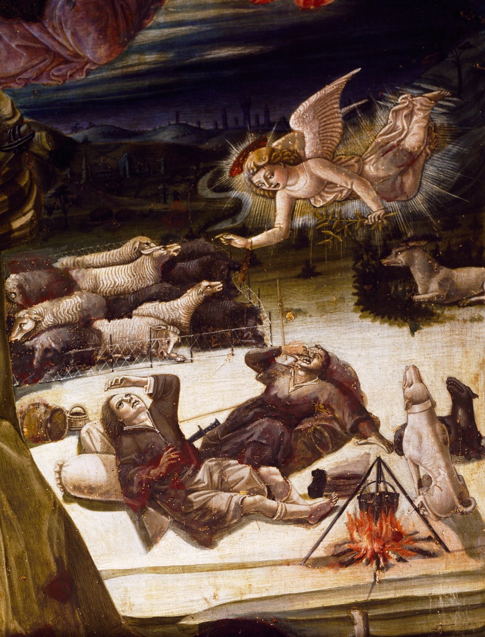 Angyal és pásztorok, részlet Benvenuto di Giovanni (1436-ca 1518) Születés oltárképéből, fára festett kép. alkotó: Benvenuto di Giovanni