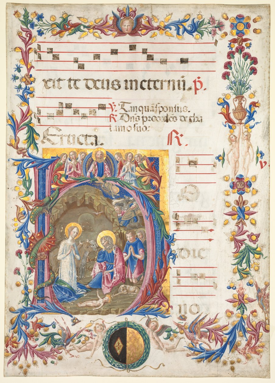 Egyetlen levél egy antifonáriából: Initial H[odie nobis] a Születéssel alkotó: Benvenuto di Giovanni