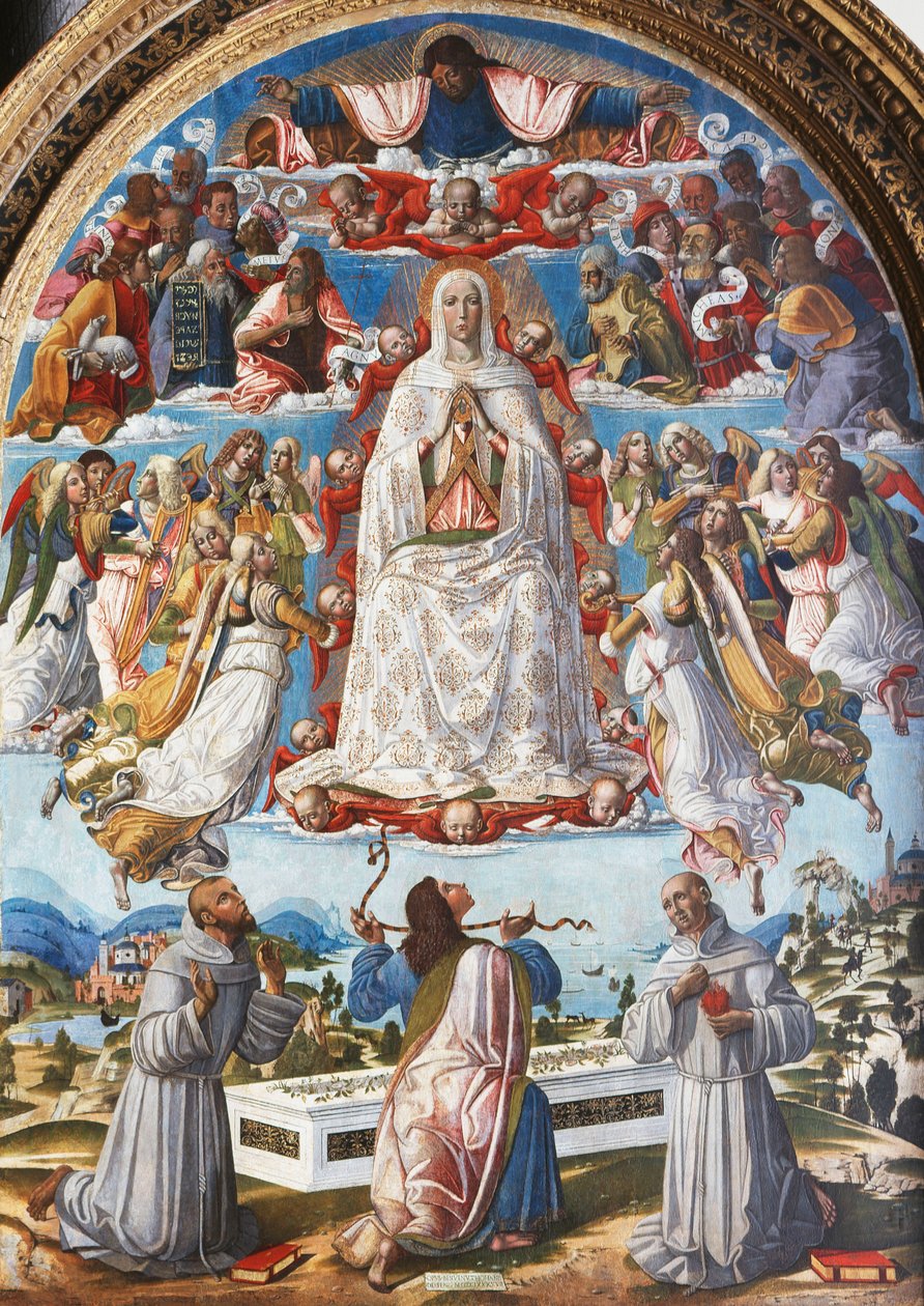 Szűz mennybemenetele Szent Tamással, aki átveszi az övet Assisi Szent Ferenc és Páduai Antal között, 1480-as évek alkotó: Benvenuto di Giovanni