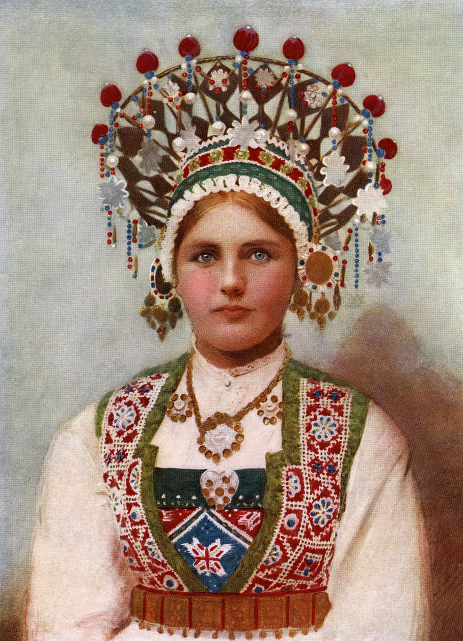 Norvég lány menyasszonyi ruhában, 1899 (albumnyomat) alkotó: Bergen, Norway Söstrene Persen