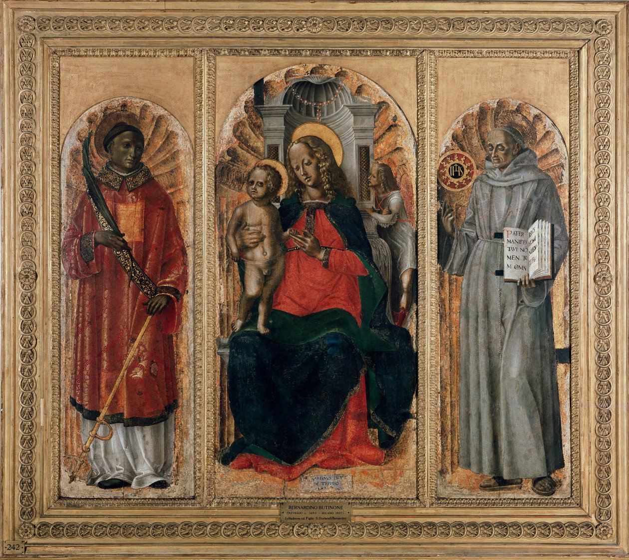 Triptichon, Szűz gyermekével Szent Leonárddal (vagy Istvánnal) és Sienai Szent Bernardinóval (olaj, tábla alkotó: Bernadino Jacobi Butinone