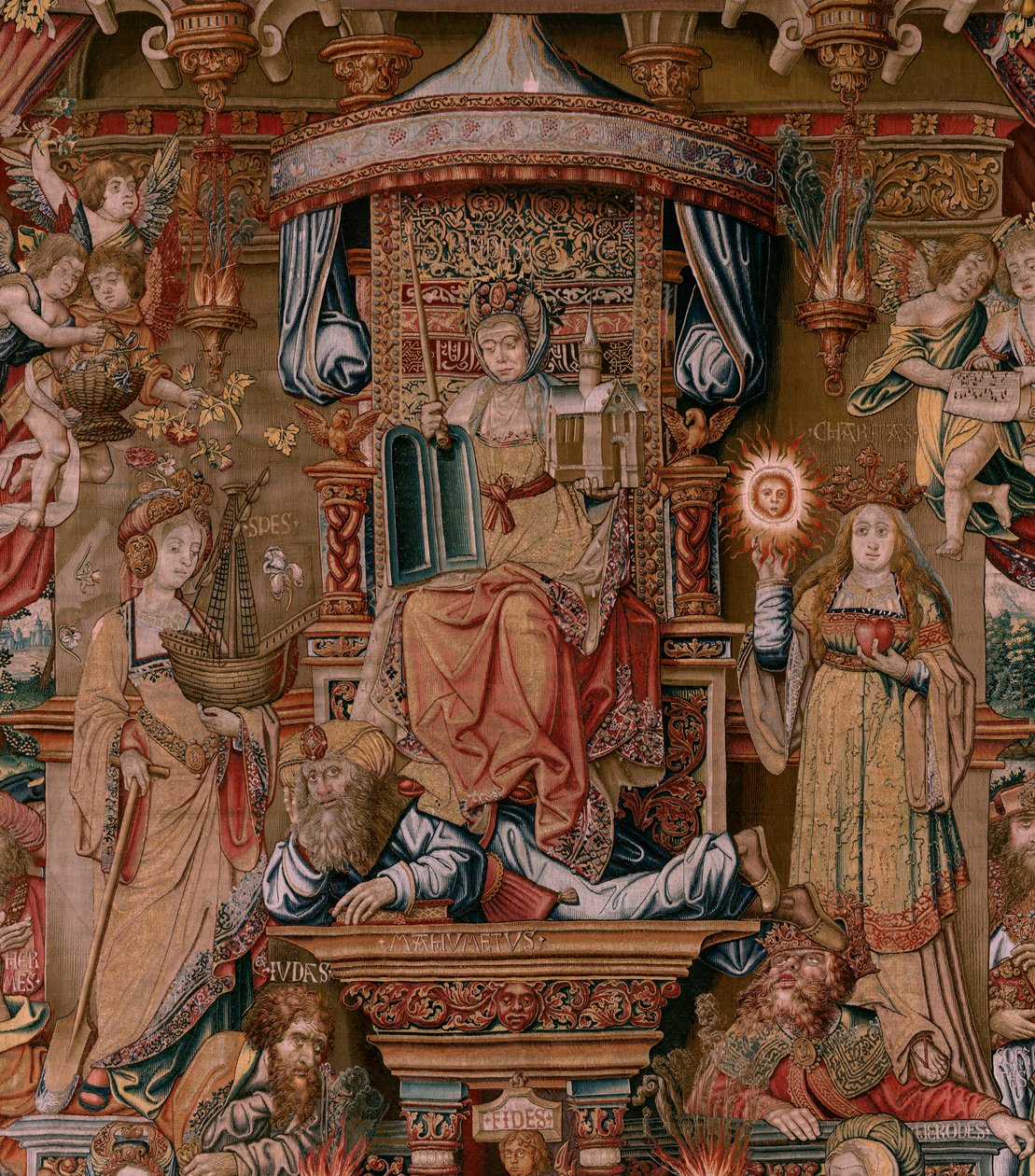 Flamand kárpit. A kitüntetések sorozat. Hit (La Fe). A sorozat első gobelinje. Modell karikaturisták Bernard van Orley és Jan Gossaert (Mabuse) köréből. Gyártás Pieter van Aelst, Brüsszel. Kb. 1550. Szövet Arany, ezüst, selyem és gyapjú. alkotó: Bernaert van (circle of) Orley