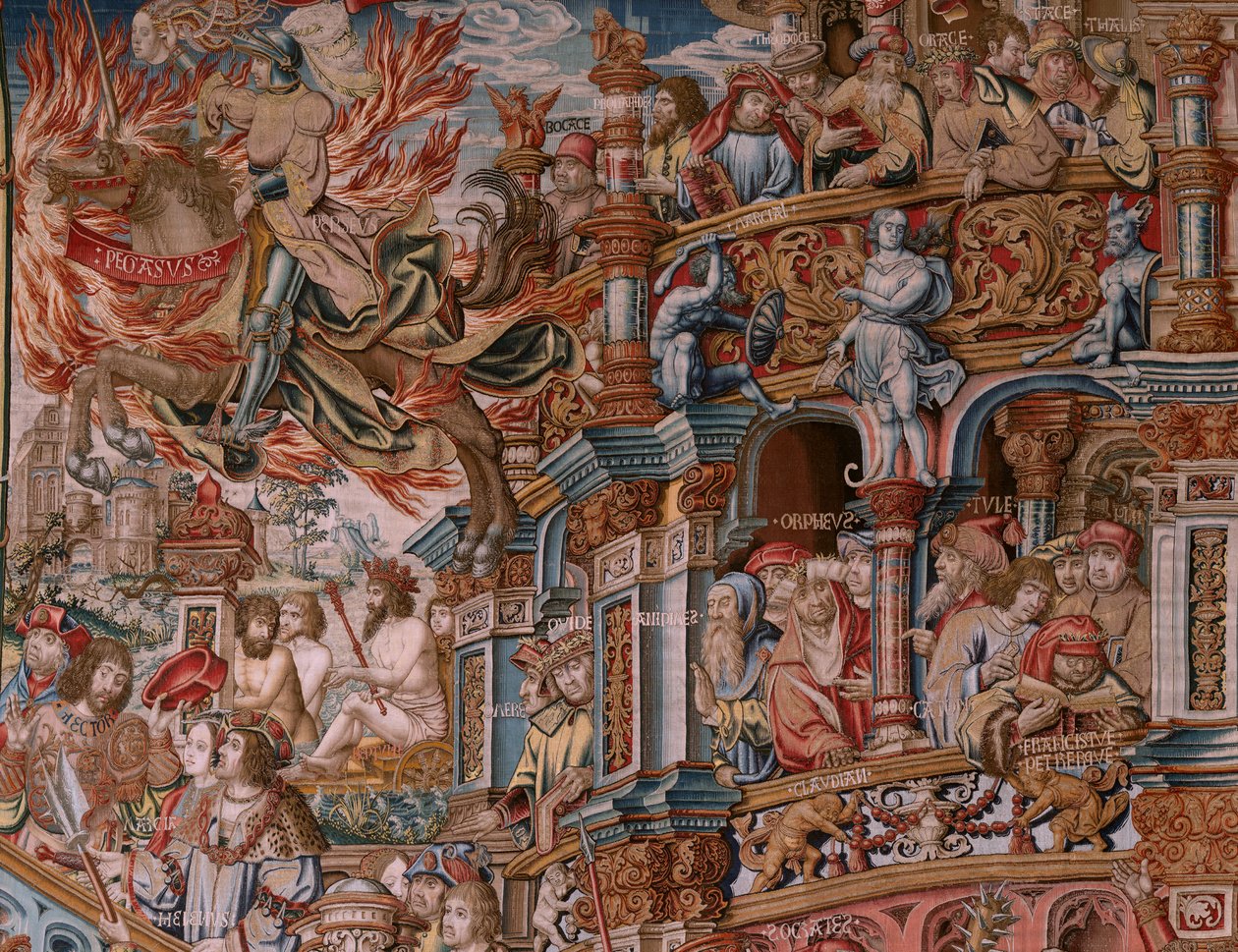 Flamand kárpit. A kitüntetések sorozat. Hírnév (La Fama). Harmadik kárpit a sorozatban. Modell karikaturisták Bernard van Orley és Jan Gossaert (Mabuse) köréből. Gyártás Pieter van Aelst, Brüsszel. Kb. 1550. Szövet Arany, ezüst, selyem és gyapjú. alkotó: Bernaert van (circle of) Orley