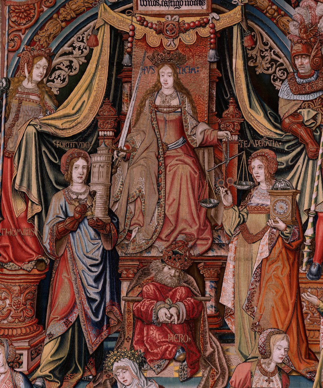 Flamand kárpit. A kitüntetések sorozat. Igazságszolgáltatás (La Justicia, Los Honores). Kilencedik kárpit a sorozatban. Modell karikaturisták Bernard van Orley és Jan Gossaert (Mabuse) köréből. Gyártás Pieter van Aelst, Brüsszel. 1550 körül. Szövet Arany,  alkotó: Bernaert van (circle of) Orley