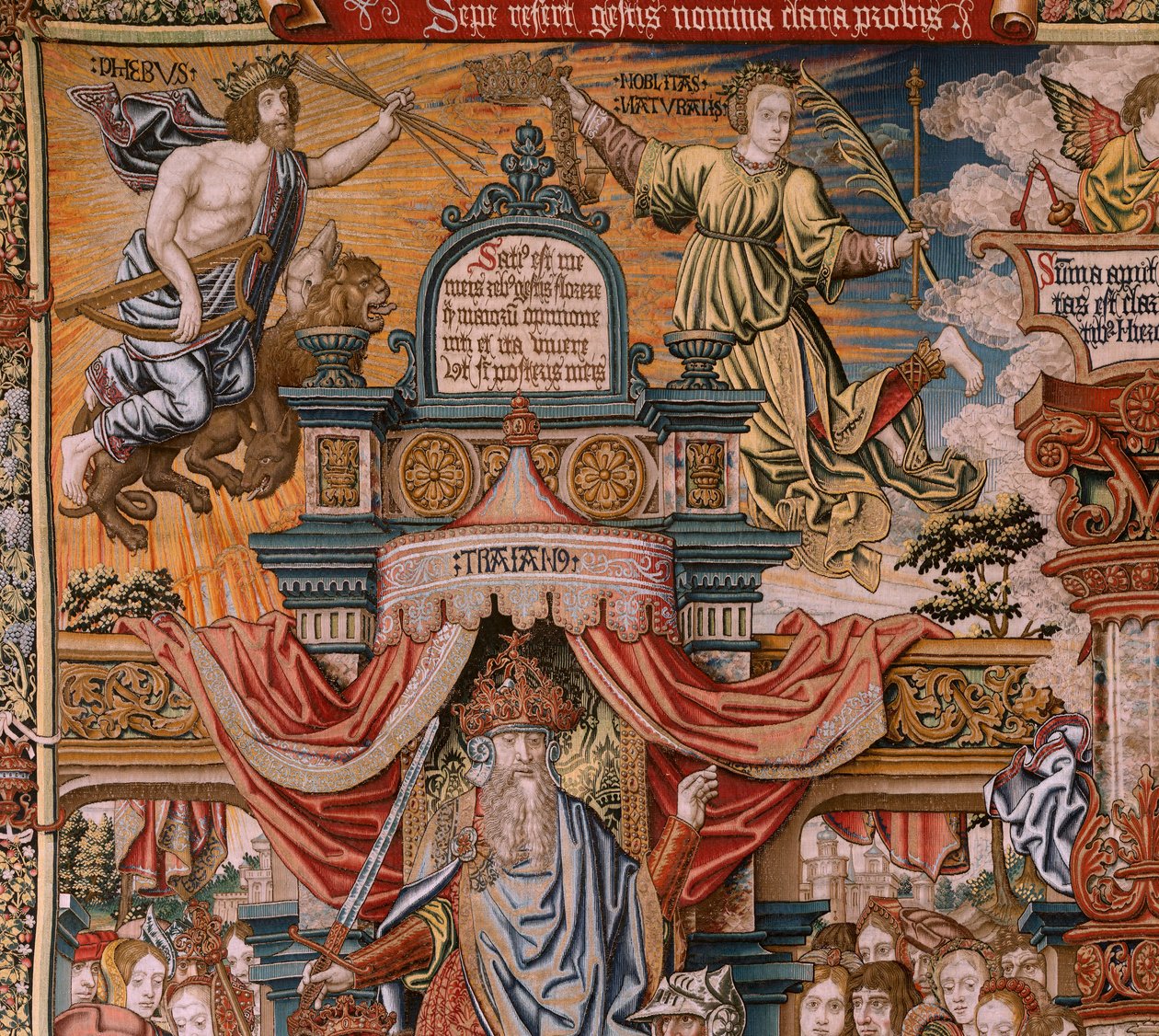 Flamand kárpit. Sorozat The Honours; Nemesség (La Nobleza). A sorozat negyedik kárpitja. Modell karikaturisták Bernard van Orley és Jan Gossaert (Mabuse) köréből. Gyártás Pieter van Aelst, Brussels.Ca 1550. Szövet Arany, ezüst, selyem és gyapjú alkotó: Bernaert van (circle of) Orley