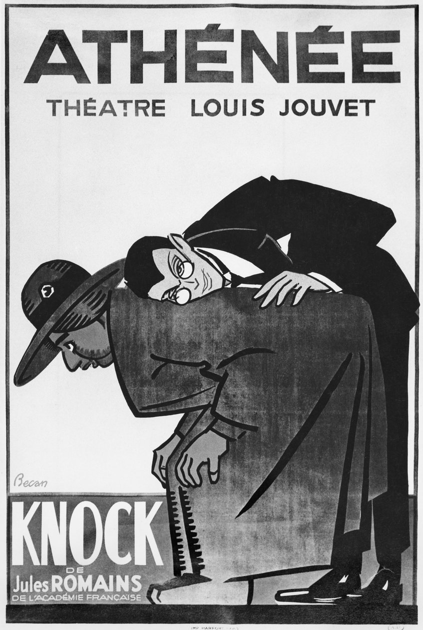 Plakát, amely Jules Romains (1885-1972) Knock or the triumph of medicine című előadását hirdeti a Theatre Athenee-ben (bw fotó) alkotó: Bernard Becan