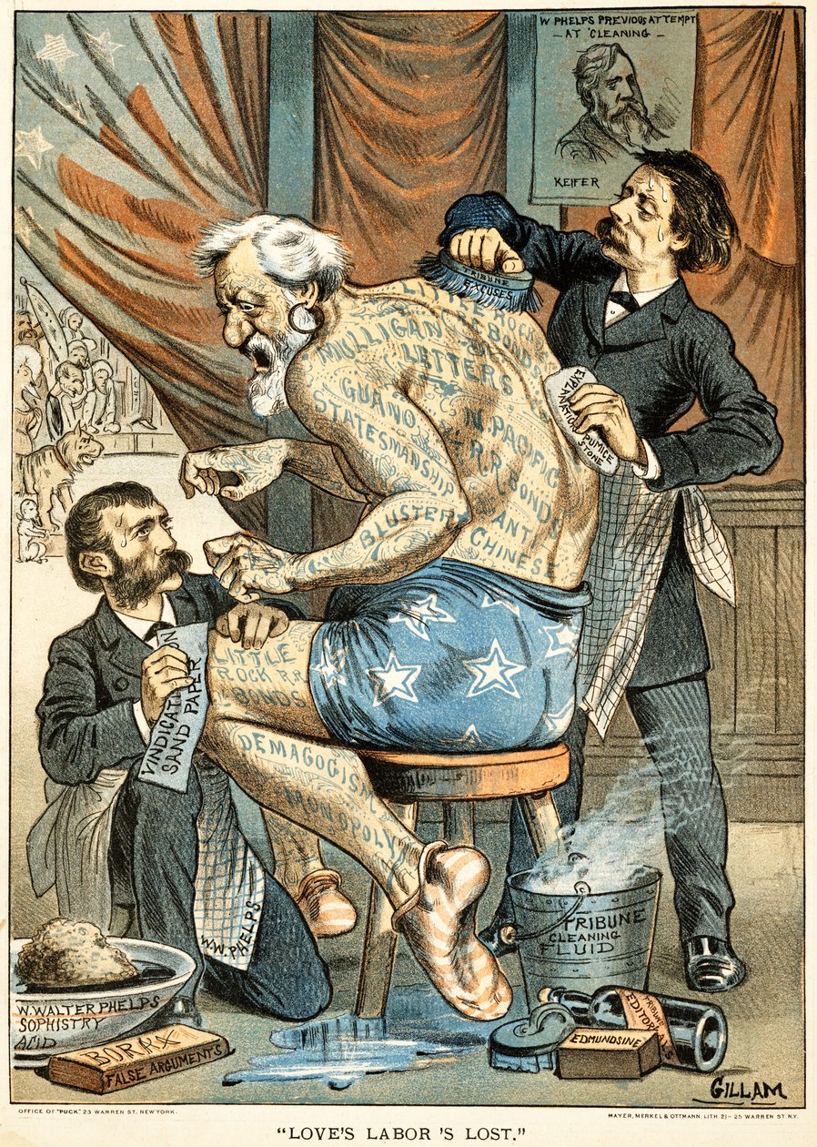 A szerelem elveszett munkája megjelent a Puck Magazine-ban, 1884 (színes kromolitográfia) alkotó: Bernard Gillam