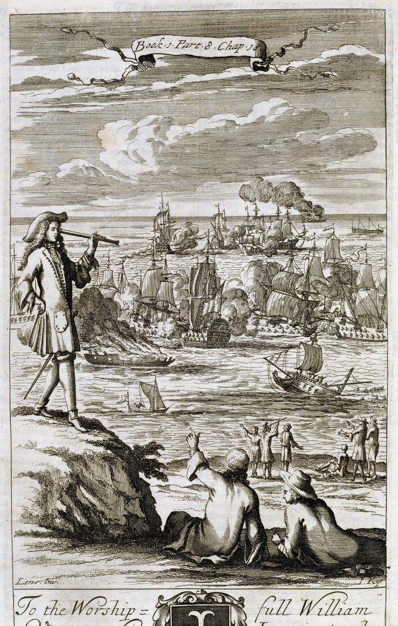 Tengeri csata nézése távcsövön keresztül, illusztráció Anthony Le Grand „A filozófia alapelvei” 1. könyv 8. részének 18. fejezetéből, vésette Johannes Kip (165253-1722), 1694 alkotó: Bernard II Lens