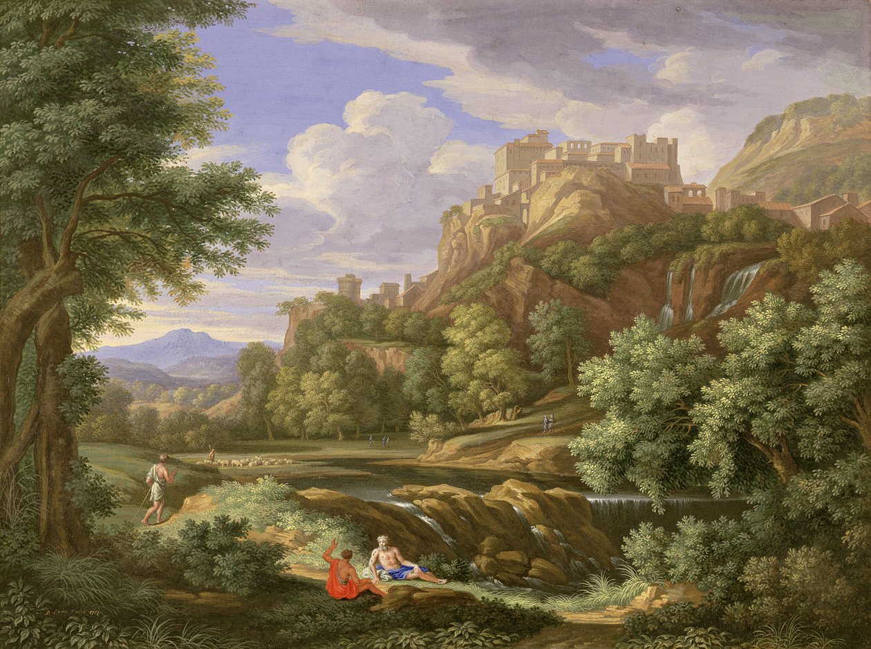Klasszikus táj, 1717 (testszín és gumi, fehér grafittal a pergamen) alkotó: Bernard Lens