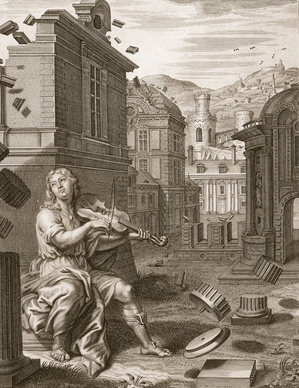 Amphion lírája zenéje alapján építi fel Théba falait, 1731 alkotó: Bernard Picart