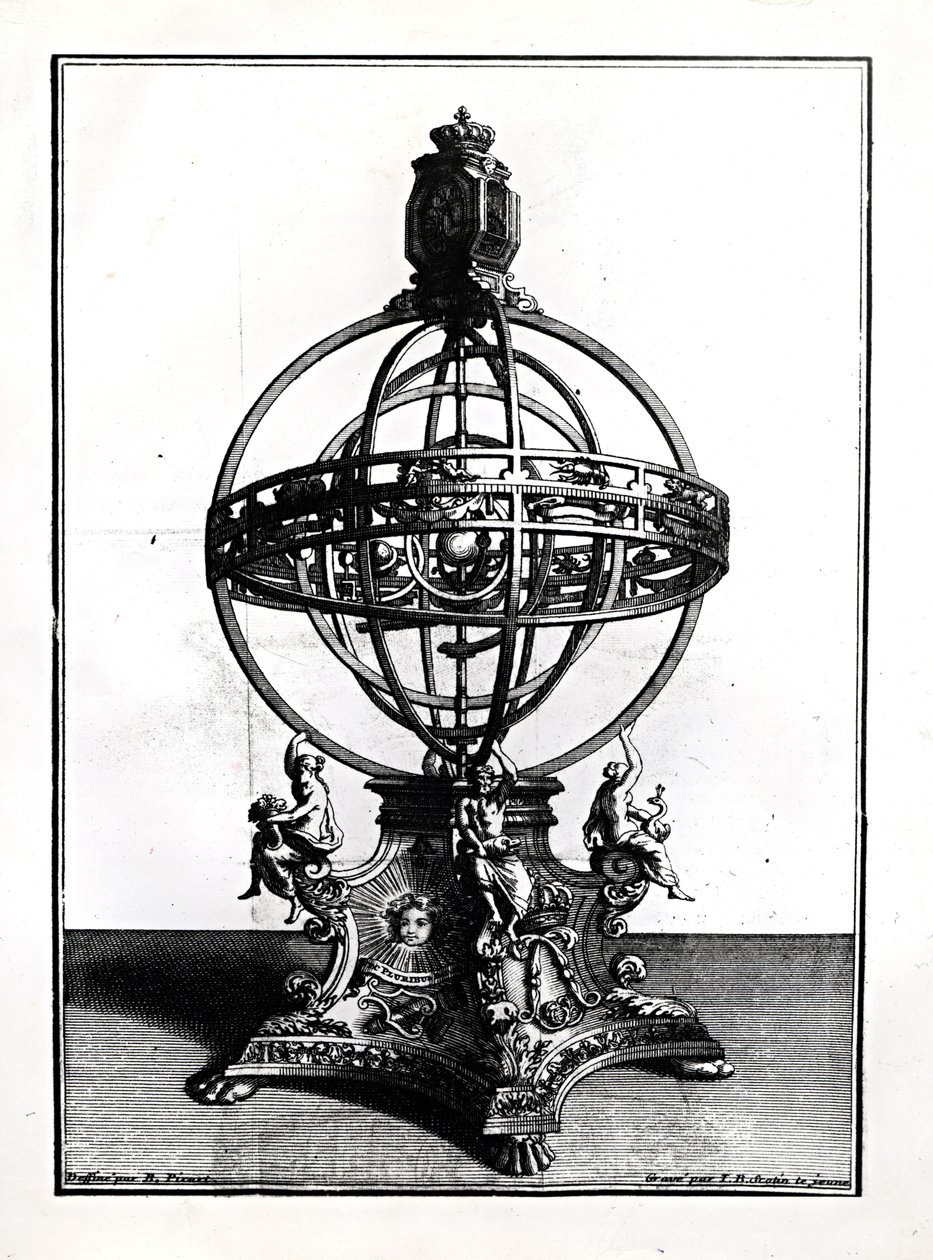 A kopernikuszi rendszer armilláris gömbje, Gerard Jean Baptiste Scotin (1671-1716) metszete alkotó: Bernard Picart