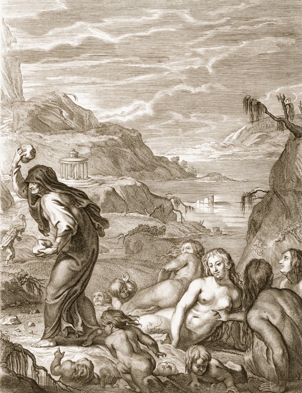 Deukalion és Pyrrha köveket dobálva maguk mögé újrateremtik a világot, 1731 alkotó: Bernard Picart