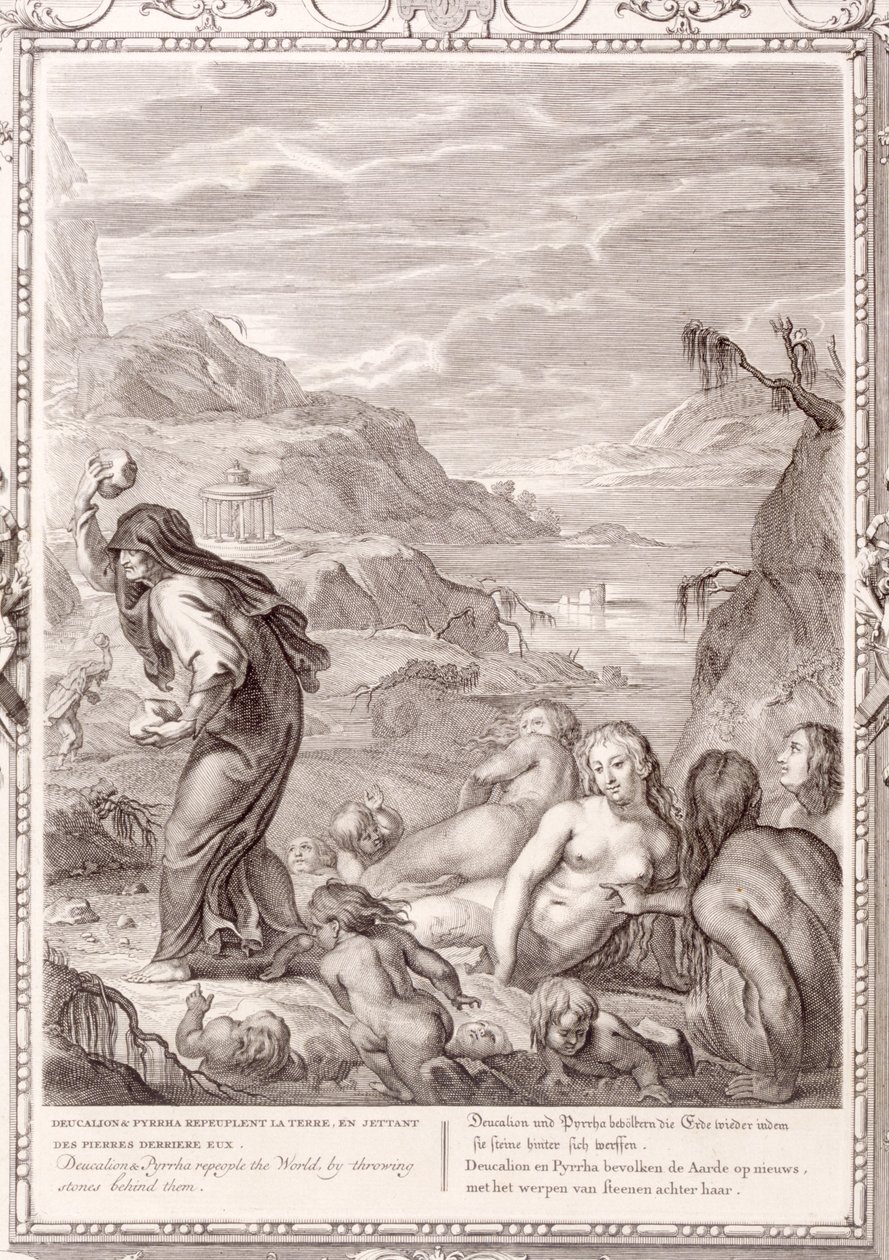 Deucalion és Pyrrha megszállja a világot kövekkel mögéjük dobva, 1731 alkotó: Bernard Picart