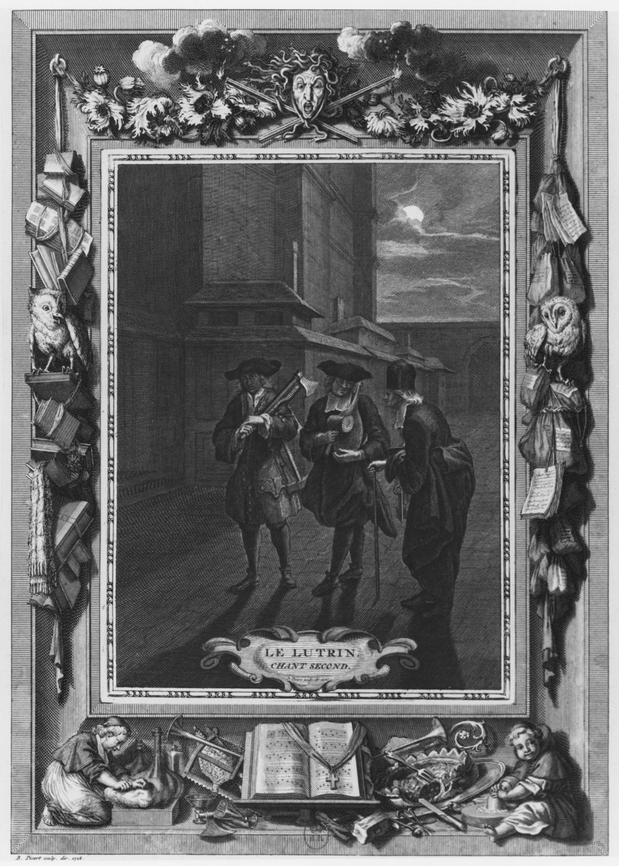 Illusztráció Nicolas Boileau, Boileau-Despreaux néven ismert „Le Lutrin” 2. énekéből, 1728-ban megjelent alkotó: Bernard Picart