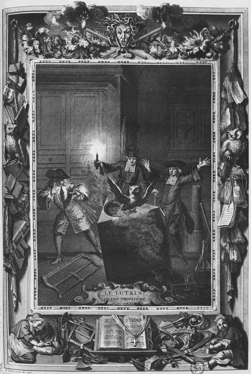 Illusztráció Nicolas Boileau, Boileau-Despreaux néven ismert "Le Lutrin" 3. énekéből, 1728-ban megjelent alkotó: Bernard Picart
