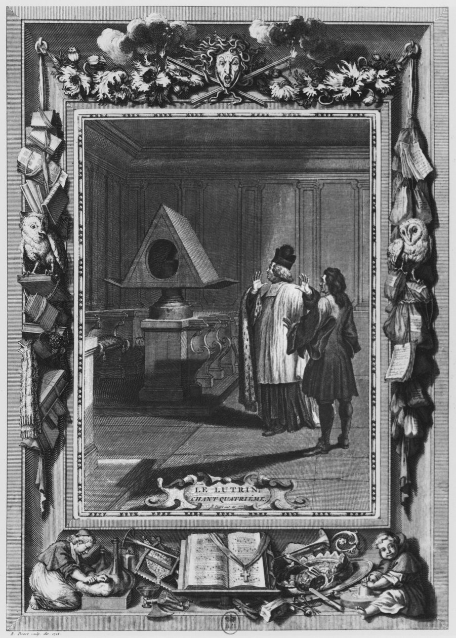 Illusztráció Nicolas Boileau, Boileau-Despreaux néven ismert „Le Lutrin” 4. énekéből, 1728-ban megjelent alkotó: Bernard Picart