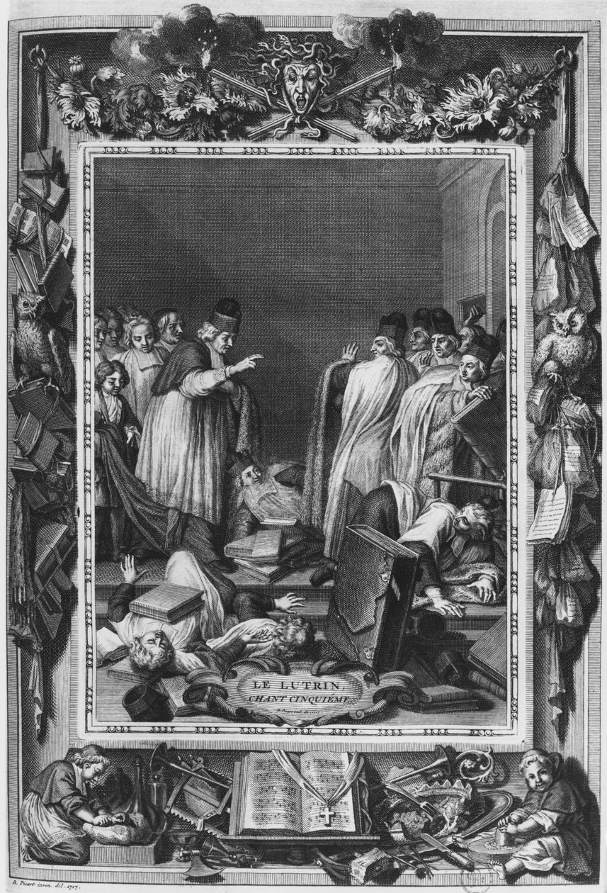 Illusztráció Nicolas Boileau, Boileau-Despreaux néven ismert „Le Lutrin” 5. énekéből, 1728-ban alkotó: Bernard Picart