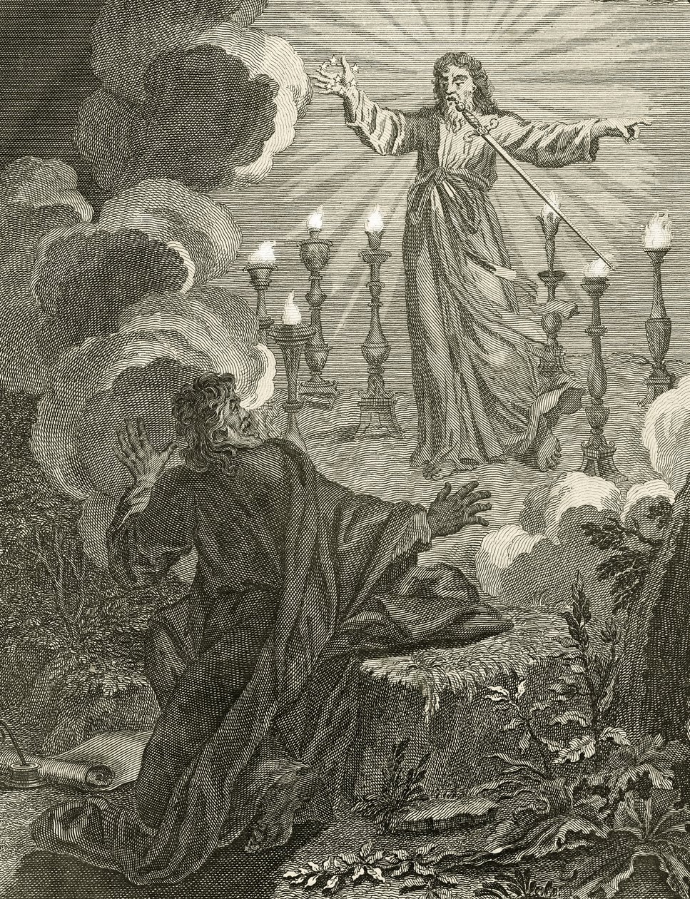 Jézus megjelenik a Jelenések könyvében, jobb kezében hét csillagot tartva, szájából kétélű karddal, 1763 alkotó: Bernard Picart