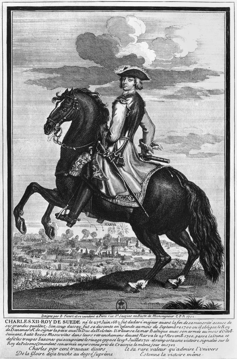 XII. Károly svéd király (1682-1718) lóháton, 1702. alkotó: Bernard Picart