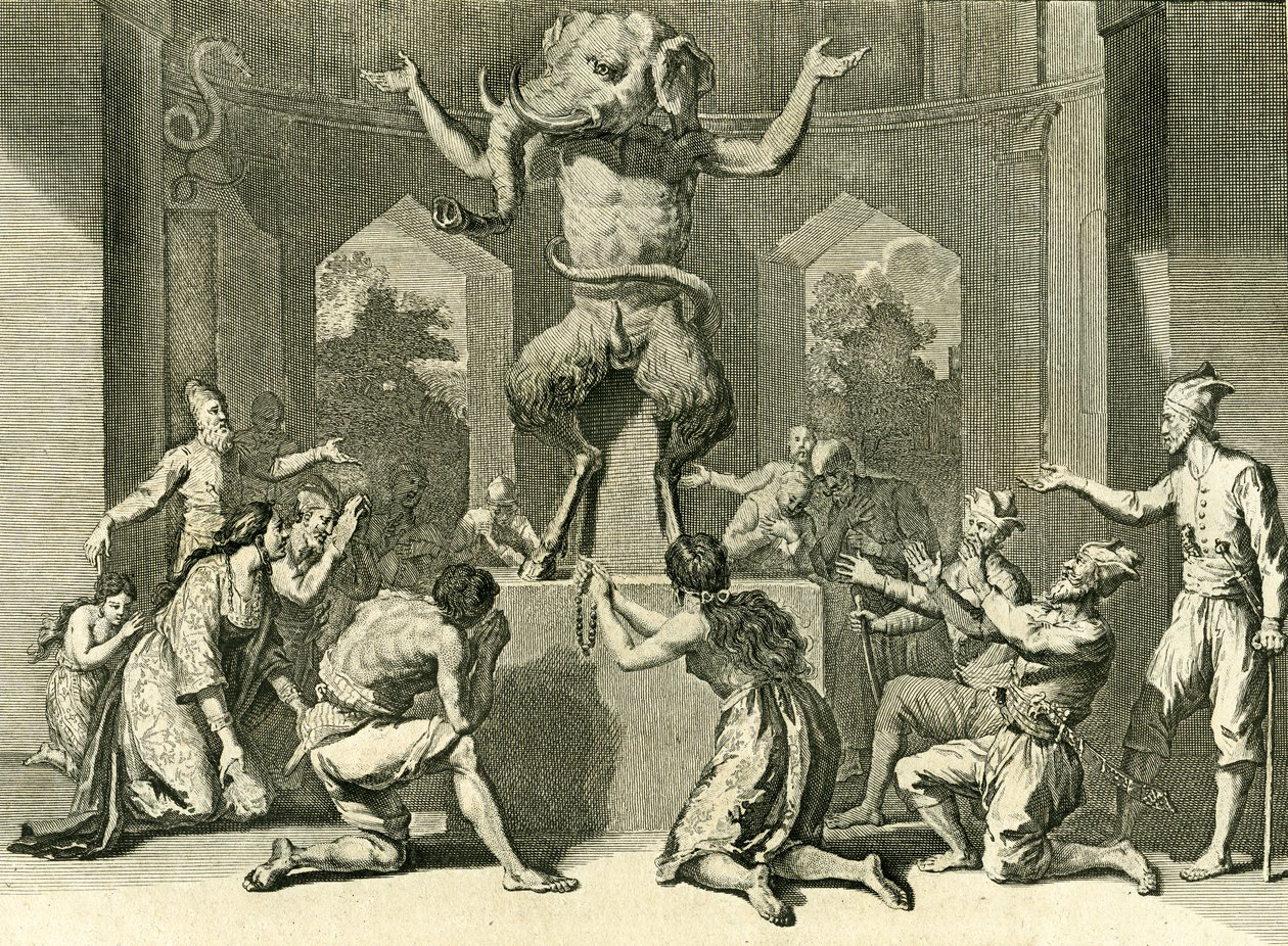 A ceyloni emberek Ganesh istent, bölcsességet, egészséget és gazdagságot adó Istent imádják, 1729 (rézmetszet) alkotó: Bernard Picart