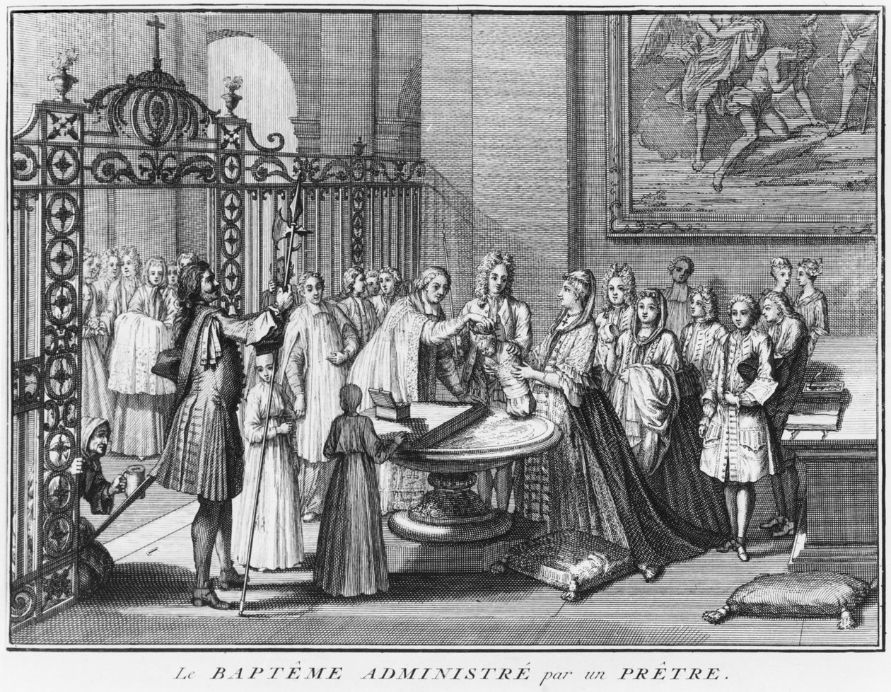 Pap keresztel, illusztráció a "Vallási szertartások és szokások a világ minden nemzeténél" című könyvből, Amszterdam, 1723. alkotó: Bernard Picart