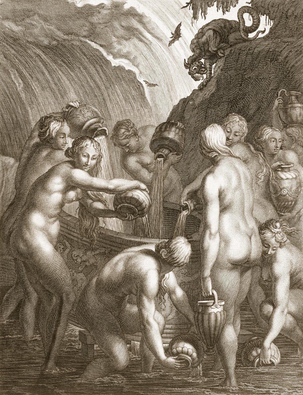 Az unatkozó edények vízzel való feltöltésére ítélt danaiak, 1730 alkotó: Bernard Picart