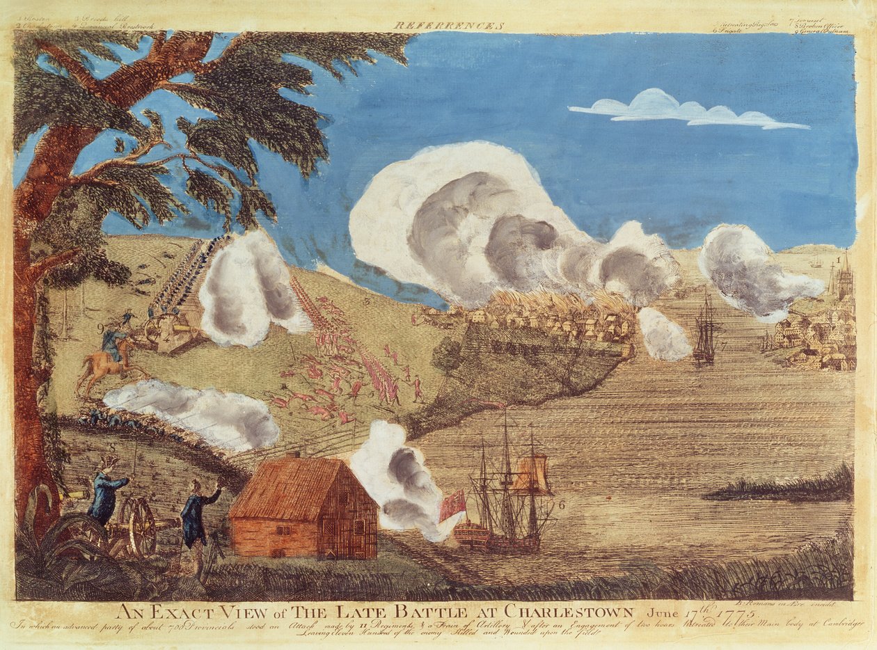 Pontos kép az 1775. június 17-i charlestowni csata végén alkotó: Bernard Romans