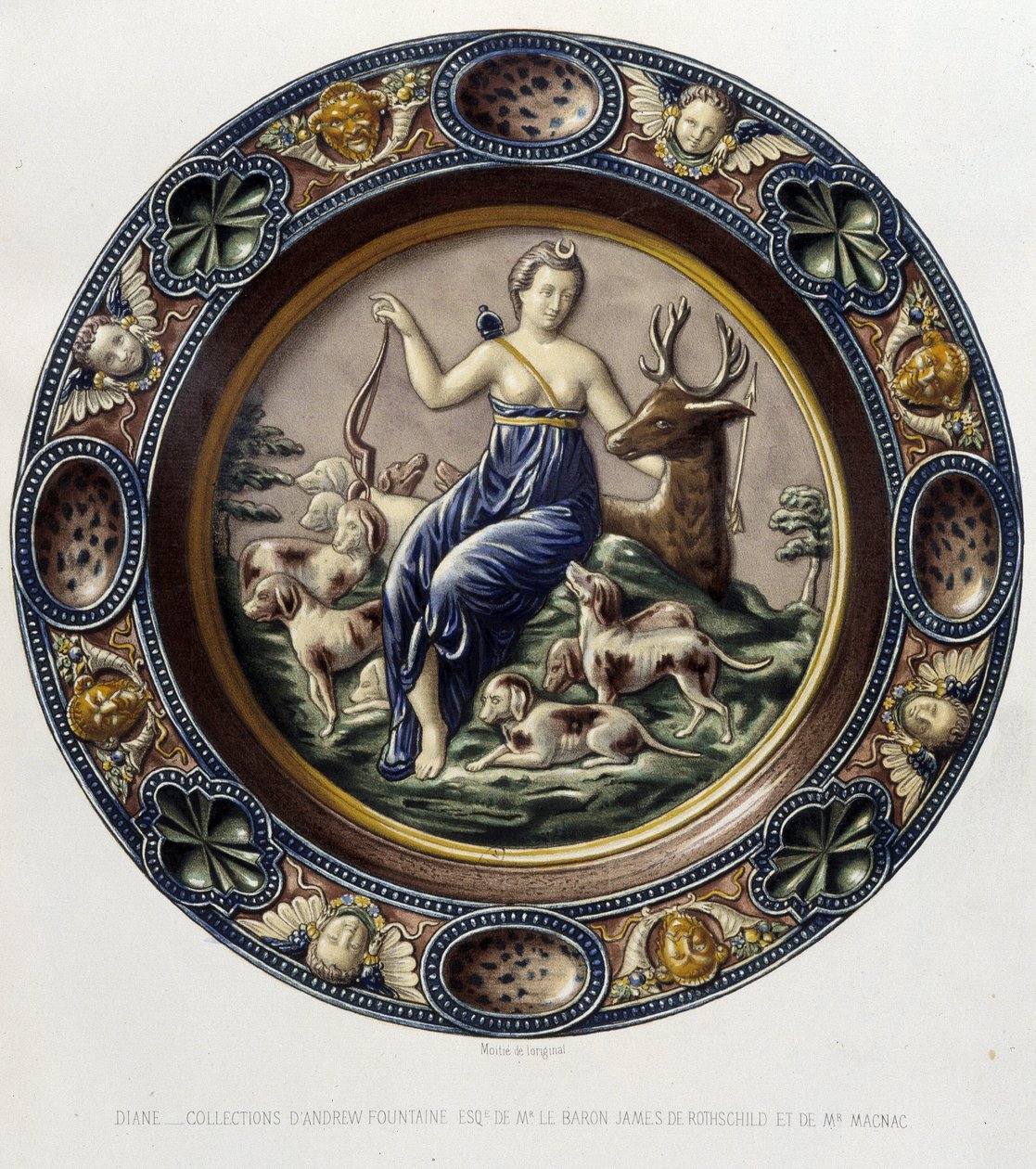 Diane (Artemis) chasseresse – Plat céramique, C. Delange és C. Borneman „Bernard Palissy munkája” című művében, Párizs alkotó: Bernard (after) Palissy