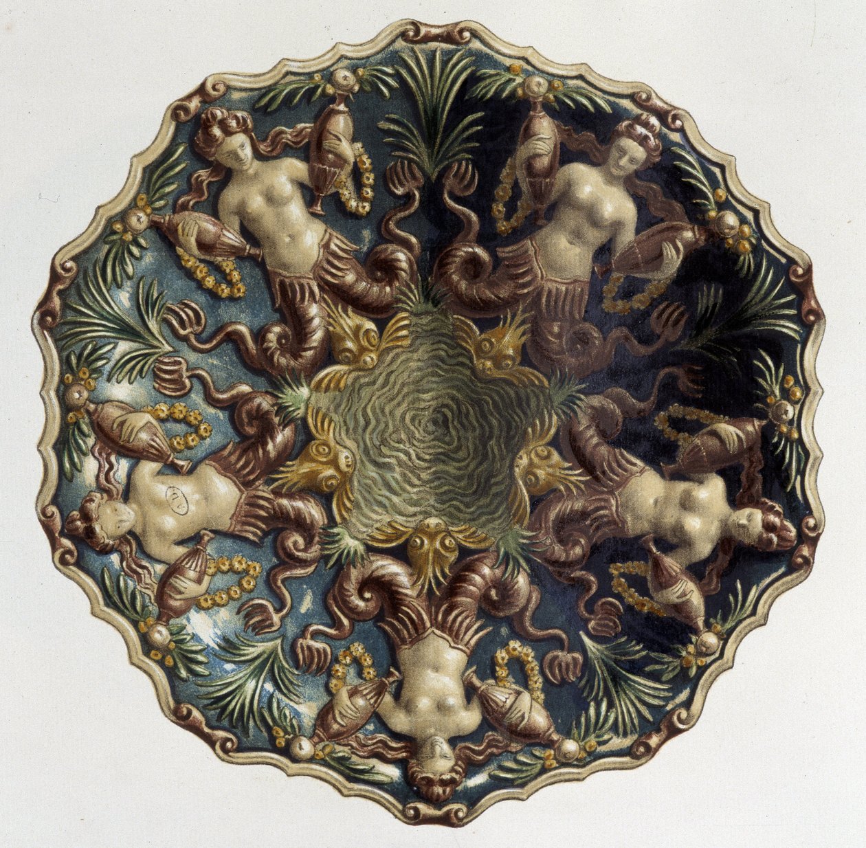 Plat aux szirénák – C. Delange és C. Borneman „” Bernard Palissy munkája” című részben, szerk. Delange, Párizs alkotó: Bernard (after) Palissy
