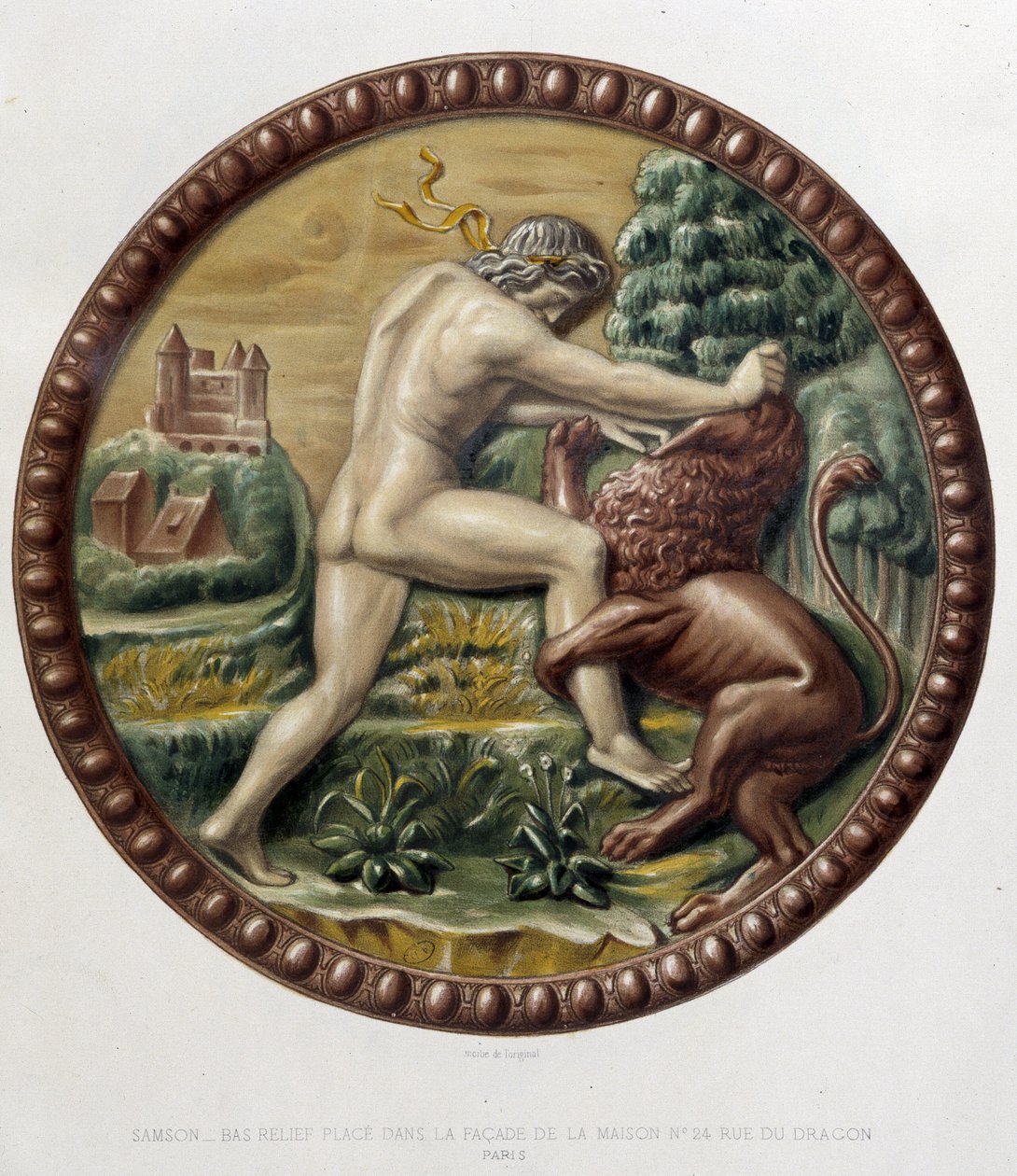 Samson combatant le lion - dombormű en céramique, C. Delange és C. Borneman „Bernard Palissy munkája”, Párizs alkotó: Bernard (after) Palissy