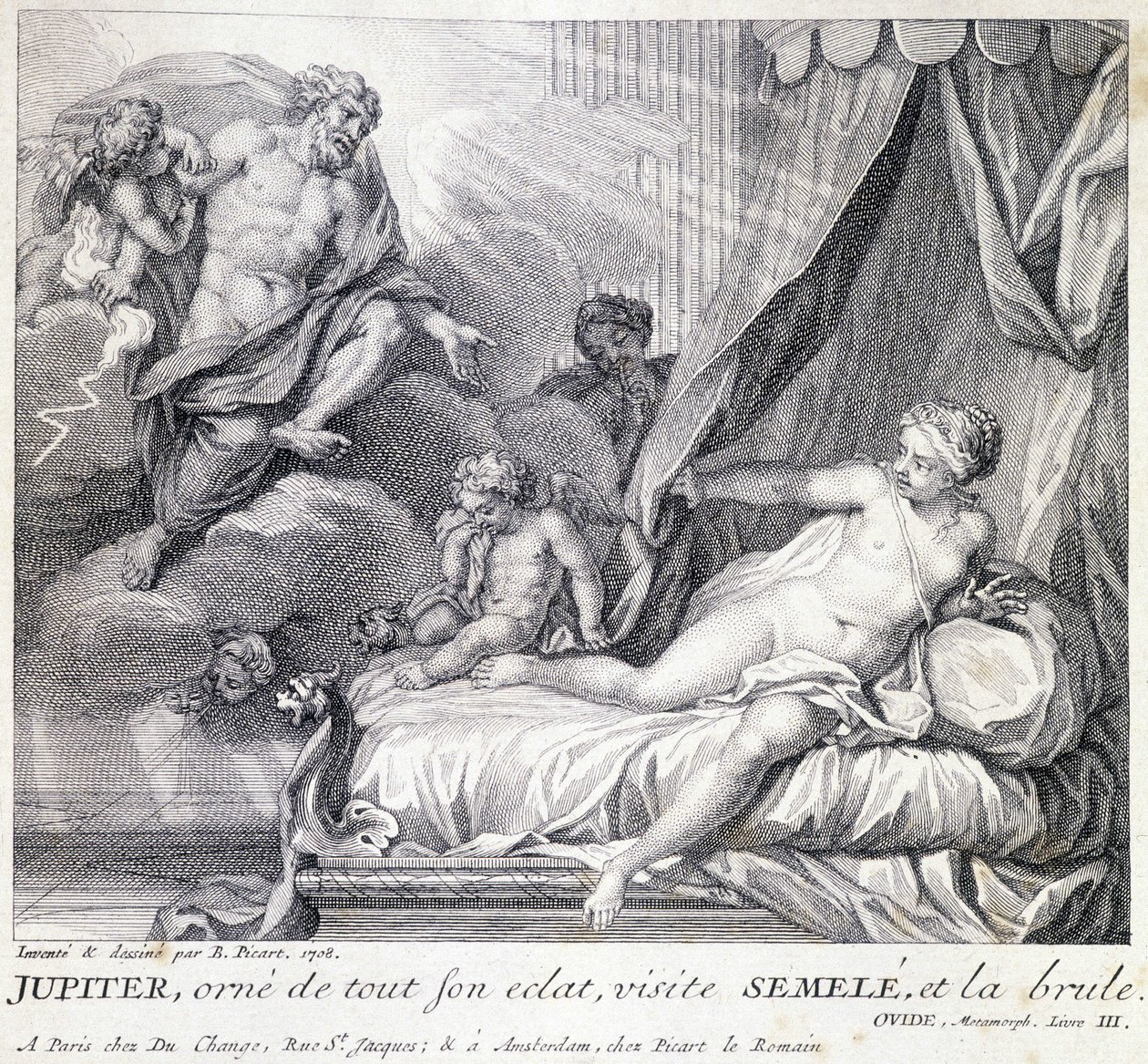 Jupiter (Zeusz) megégeti Semelét a villámmal. 18. századi metszet B. Picart 1708-ban készült rajza után. alkotó: Bernard (after) Picart